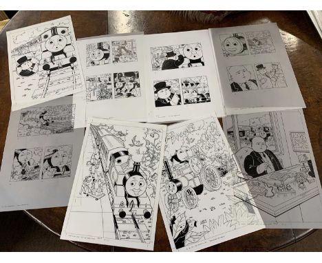 Eight original ink on cell illustrations for Thomas the Tank Engine by illustrator John York, unframed, 42x30cm (8)