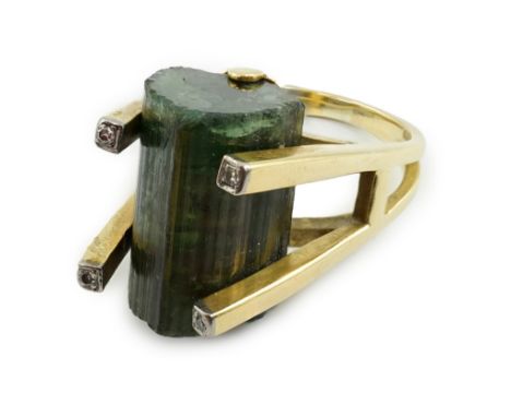 An early 1970's 18ct gold, raw cut watermelon tourmaline? and four stone diamond chip set dress ring, maker's mark J.H.L. siz