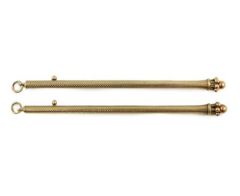 A pair of George V engine turned 9ct gold swizzle sticks, by Sampson Mordan &amp; Co, London, 1934, 78mm, gross weight 7.6 gr