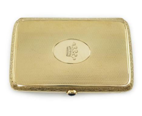A 20th century engine turned 14k gold cigarette case, of rounded rectangular form, with cabochon sapphire set button and engr