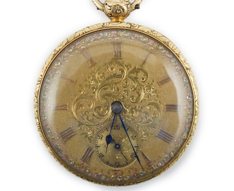 An early Victorian engine turned 18ct gold open face key wind pocket watch, by William Gilbert, Belfast, with engraved three 