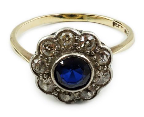 A 1920's 18ct gold, sapphire and diamond set flower head cluster ring, size P/Q, gross weight 2.7 grams.**conditionreport**We