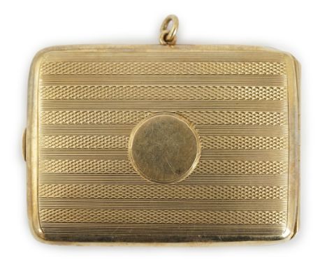 A George V engine turned 9ct gold rectangular match case, Birmingham, 1925, 63mm, 28.1 grams.**conditionreport**Some minor su