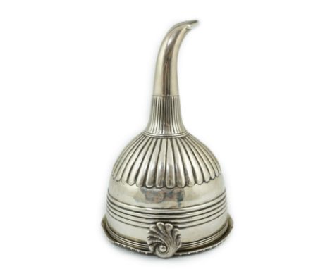 A late George III silver wine funnel, by William Stroud?, with demi fluted decoration and shell thumbpiece, London, 1816, 13.