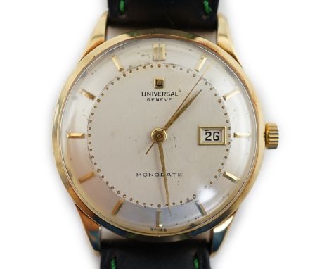 A gentleman's 1950's 18k gold Universal Monodate manual wind wrist watch, with pie pan dial, baton numerals and date aperture