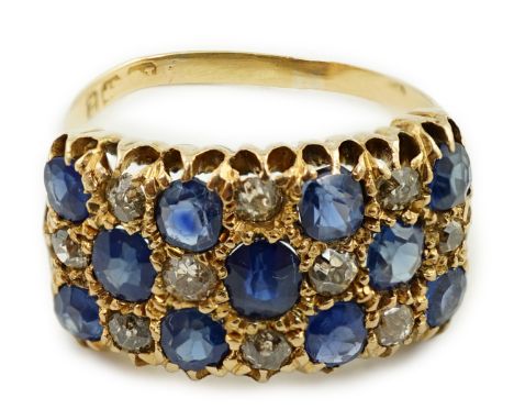 A late Victorian gold, sapphire and diamond rectangular cluster ring, set with old mine cut stones, size U/V, gross weight 6.