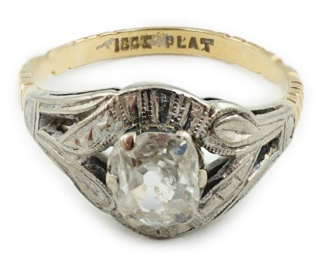 An early 20th century 18ct gold, platinum and solitaire old mine cut diamond set ring, size L, gross weight 3.1 grams.**condi