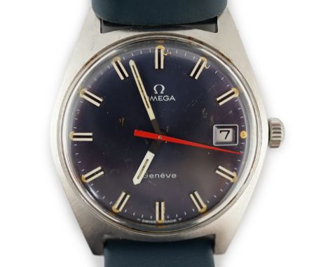 A gentleman's late 1960's stainless steel Omega manual wind wrist watch, with blue dial and red sweep seconds hand, movement 