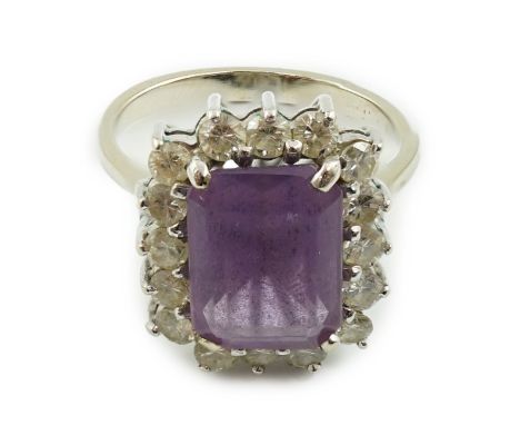 A modern white gold, amethyst and diamond set rectangular cluster ring, size J/K, gross weight 4.3 grams.**conditionreport**O
