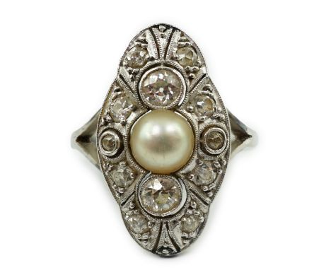 A Belle Epoque 18ct white gold, single stone split pearl and millegrain set diamond cluster lozenge shaped dress ring, size L