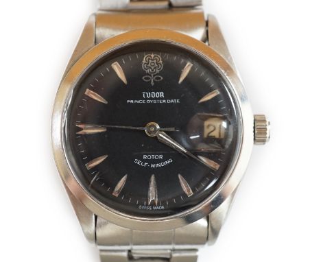 A gentleman's 1950's? stainless steel Tudor Prince Oyster Date self-winding black dial wrist watch, with baton numerals, on a