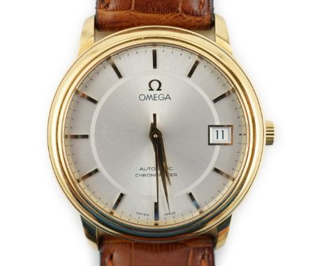 A gentleman's recent 18ct gold Omega Automatic Chronometer wrist watch, with baton numerals and date aperture, case diameter 