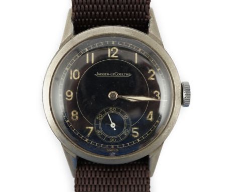 A gentleman's stainless steel Jaeger LeCoultre military? manual wind wrist watch, with black Arabic dial and subsidiary secon