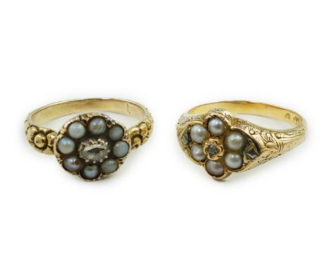 A late Victorian 15ct gold, rose cut diamond and split pearl cluster set ring, size L and one other similar unmarked gold rin