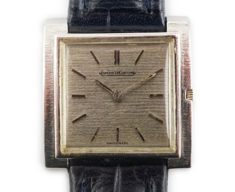 A gentleman's 18ct white gold Jaeger LeCoultre manual wind dress wrist watch, with square dial and baton numerals, case back 
