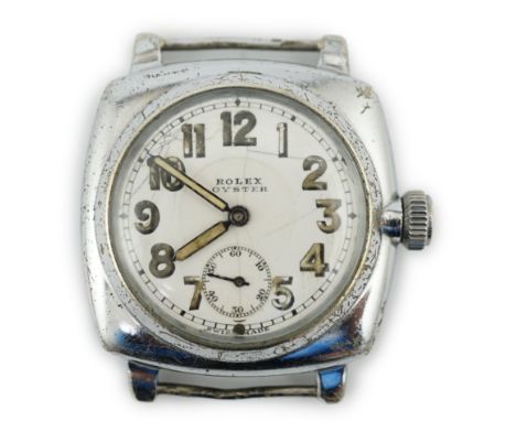 A gentleman's 1920's stainless steel Rolex Oyster manual wind wrist watch, with Arabic dial, subsidiary seconds and signed mo