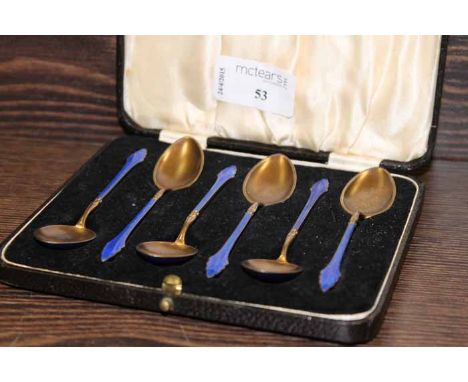 SET OF SIX SILVER GILT ENAMEL COFFEE SPOONS