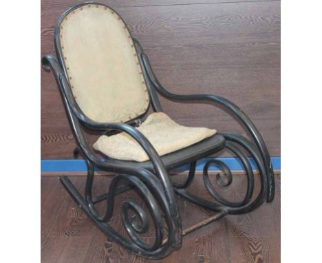VINTAGE BLACK ROCKING CHIAR with scrolling legs and arms, 88cm high