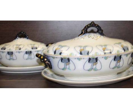 TWO ARTS AND CRAFTS KEELING AND CO TUREENS AND STANDS
designed by George Logan, with one ladle, good condition.