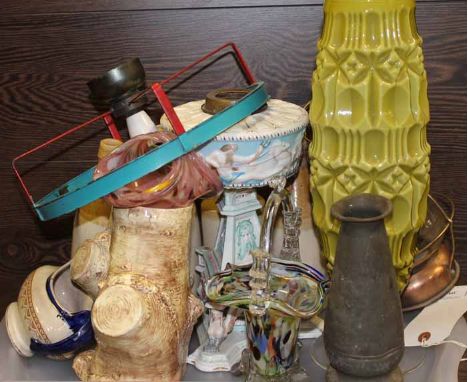 SELECTION OF CERAMICS AND GLASS
including a green stlysed 1970's tall green vase, a Germany potterys oil lamp base, Italian c