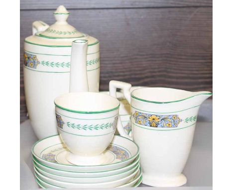 MINTON COFFEE SET
with transfer printed floral border and green borders and piping, including coffee pot, cream, sugar, six c