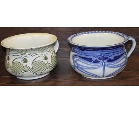 SIX PEICES OF ARTS AND CRAFTS STYLE CERAMICS
including a jug, basin and four chamber pots, including a Royal Doulton 'Aubery'