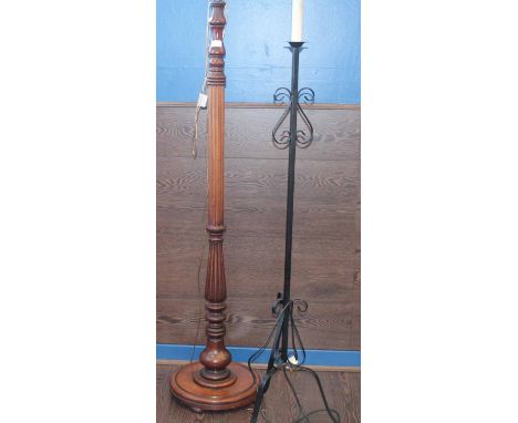 MAHOGANY STANDARD LAMP AND A WROUGHT IRON STANDARD LAMP