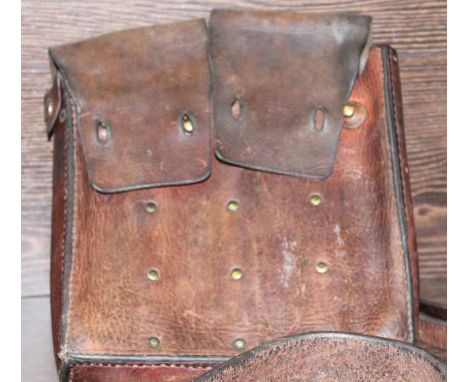 VINTAGE BROWN LEATHER AND BRASS STUDDED CARTRIDGE BAG
with shoulder strap, approximately 25cm long (excluding handle), 21cm w