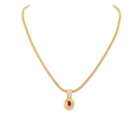 Strickcollier mit Rubin-Diamantanhänger, GG 18K, 28,1 g, L: 43 cm, Rubin oval facettiert, Diamanten ca. 0.08 ct, ca. WEISS (H