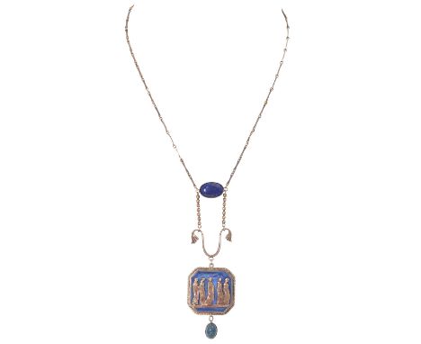 THEODOR FAHRNER Jugendstilcollier mit Lapislazuli und blauem Email, Silber, 13,3 g, L: 43 cm, abhängendes Colliermittelteil 9