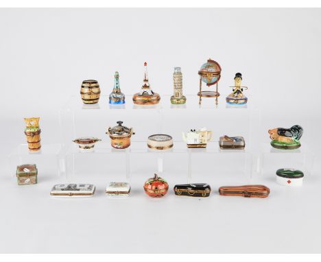 Limoges, France. Group of 20 assorted hand painted porcelain pill boxes or trinket boxes, shaped as objects including a press