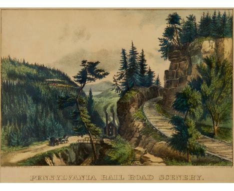 Currier and Ives, United States. Lithograph titled "Pennsylvania Rail Road Scenery," depicting a rural landscape with two hil