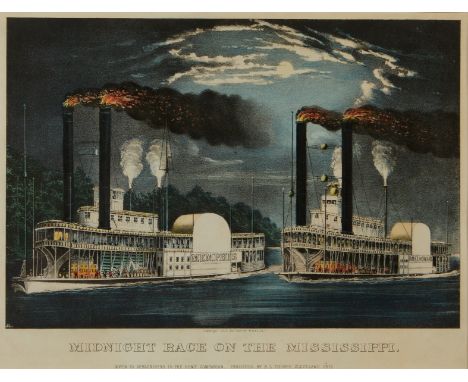 Currier and Ives, United States. Lithograph titled "Midnight Race on the Mississippi," depicting a steamboat race between the