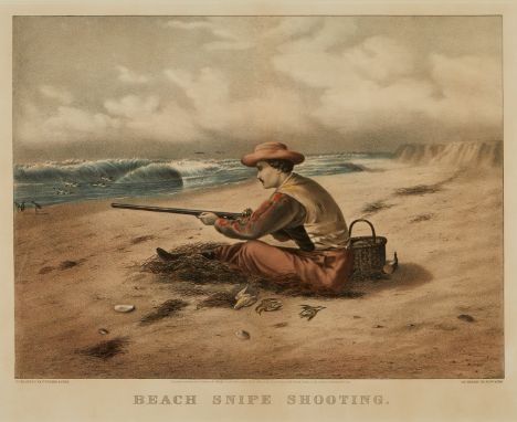 Currier and Ives, United States. Lithograph titled "Beach Snipe Shooting," depicting a man seated on a sandy beach taking aim