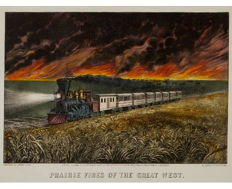 Currier and Ives, United States. Color lithograph titled "Prairie Fires of the Great West," depicting a train traveling acros