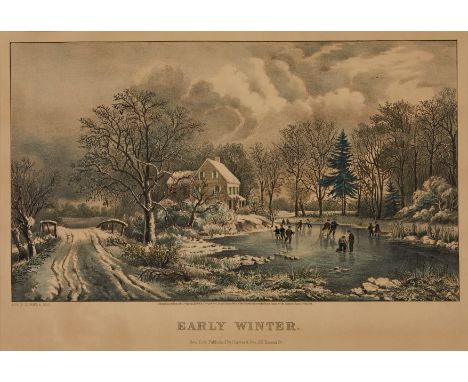 Currier and Ives, United States. Lithograph titled "Early Winter," depicting a winter landscape with a frozen pond with ice s