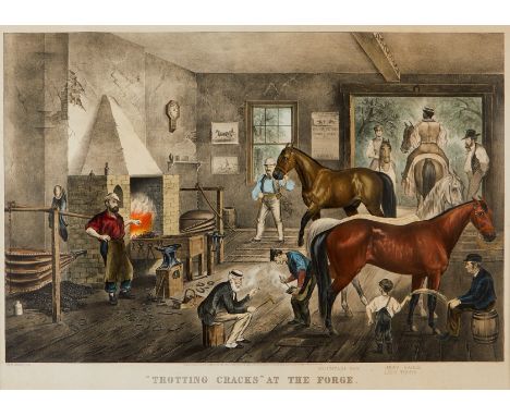 Currier and Ives, United States. Lithograph titled "'Trotting Cracks' at the Forge," depicting several horses at a forge, 186