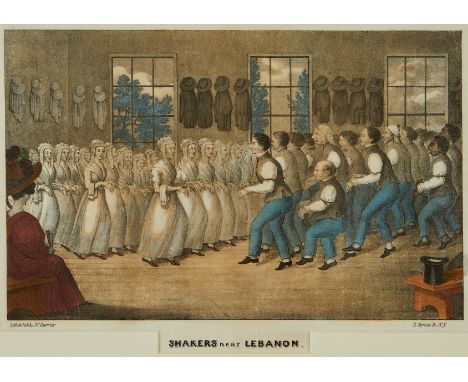 Currier and Ives, American. Color lithograph titled "Shakers Near Lebanon," depicting a group of Shakers in matching garments