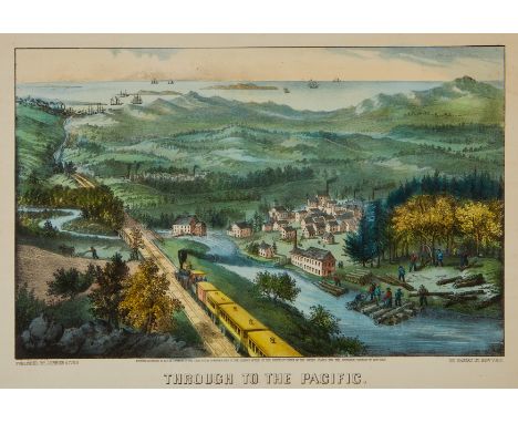 Currier and Ives, United States. Lithograph titled "Through to the Pacific," depicting a bird's eye view of a railroad travel