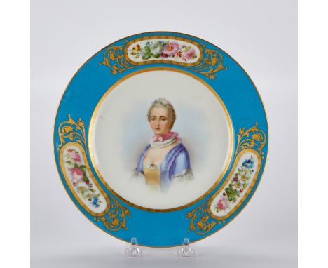 Sevres style French old Paris porcelain plate. Painted with a portrait of Mademoiselle Gabrielle Emilie Le Tonnelier de Brete