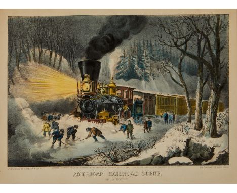 Currier and Ives, United States. Lithograph titled "American Railroad Scene: Snowbound," depicting a team of people digging o