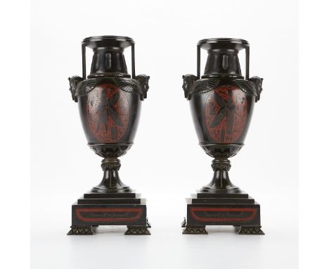 Pair of 19th century French neoclassical Egyptian revival Victorian bronze garniture urns with painted black and red decorati