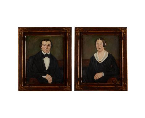Pair of 19th century American School folk art portrait oil on canvas paintings depicting a seated man and woman. Both are uns