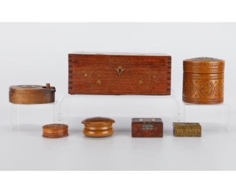 Group of seven 19th century boxes. Four small pill or trinket boxes, one metal; one circular box; one oval box; one jewelry b