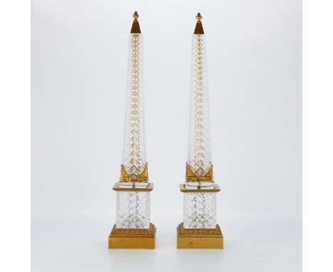 Pair of large French Empire Baccarat style crystal obelisks mounted in gilt brass. Similar to the Marbro Co., Baccarat lamp.E
