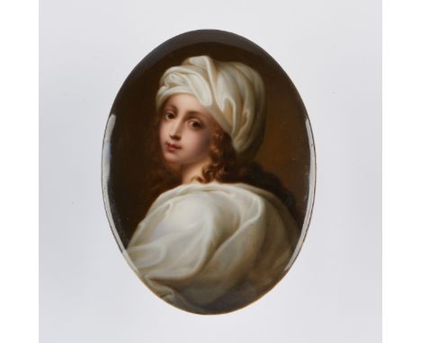 KPM Berlin oval porcelain plaque after Guido Reni (Italian, 1575-1642) depicting a portrait of Beatrice Cenci. Impressed KPM 
