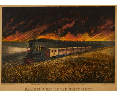 Currier and Ives, United States. Color lithograph titled "Prairie Fires of the Great West," depicting a train traveling acros