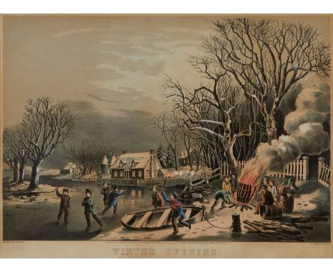 Currier and Ives, United States. Lithograph titled "Winter Evening," depicting a group of boys skating on a frozen pond with 