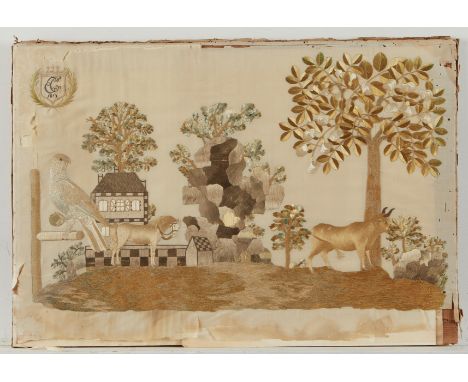 Continental style, likely Chinese, embroidery sampler on silk depicting a hawk, horse, an ox in a landscape surrounded by a h