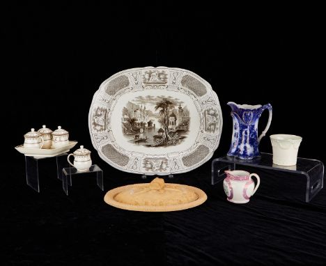 Group of ten transferware objects including: one Wedgwood â€œCanewareâ€ bisque oval pie lid rim and â€œQueenswareâ€ vase; â€œ